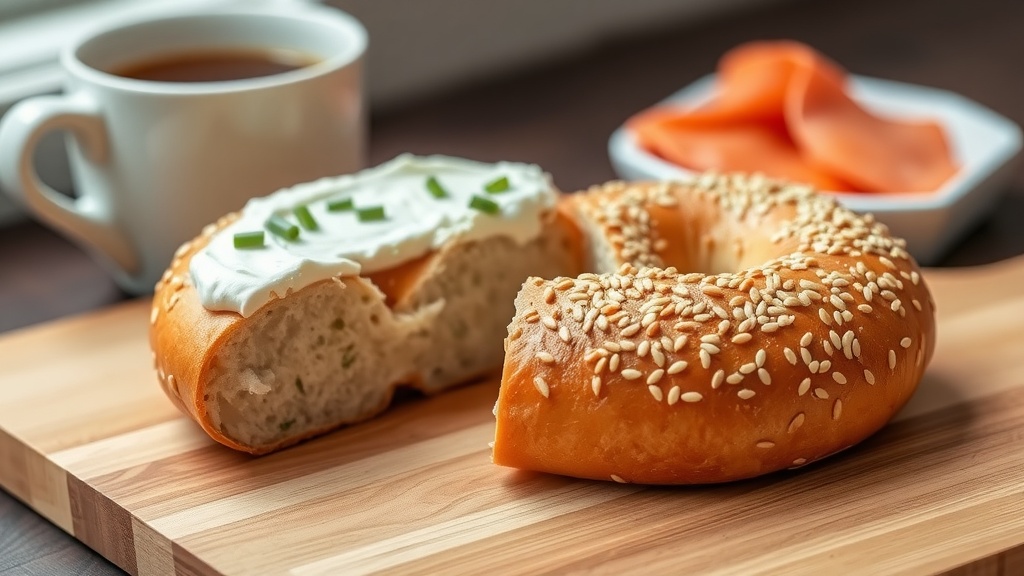 Homemade Sesame Seed Bagels Recipe A toasted sesame seed bagel sliced open, filled with cream cheese and garnished with chives, served with coffee and smoked salmon.